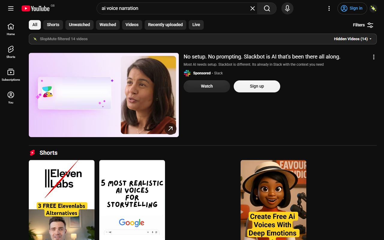 A real YouTube results page with 14 matching videos collapsed by SlopMute